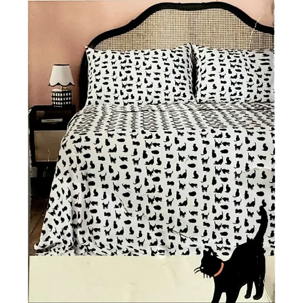 Cath Kidston Black Cats Queen Sheet Set New 100% Cotton Percale Halloween Cat